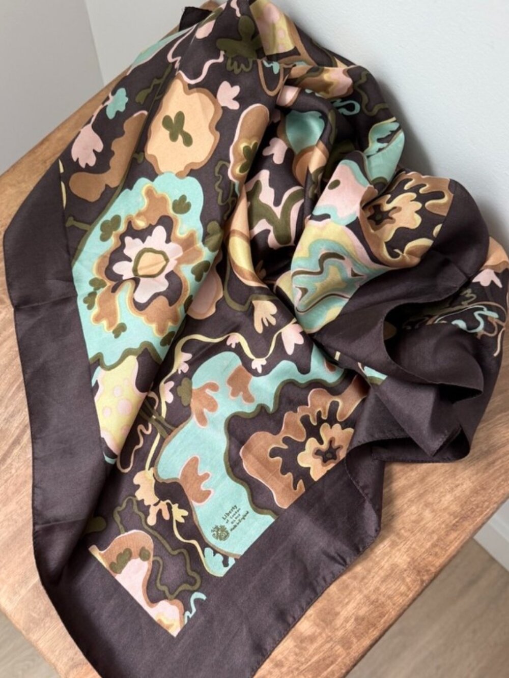 Vintage LIBERTY OF LONDON Art Nouveau Brown & Aqua Floral Silk Square Scarf